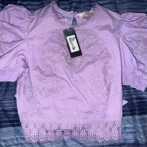 Lavender Eyelet Embroidered Puff-Sleeve Blouse - Unknown Brand